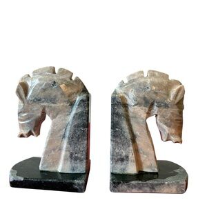 Vintage Hand-Carved Banded Onyx Horse Head Bookends